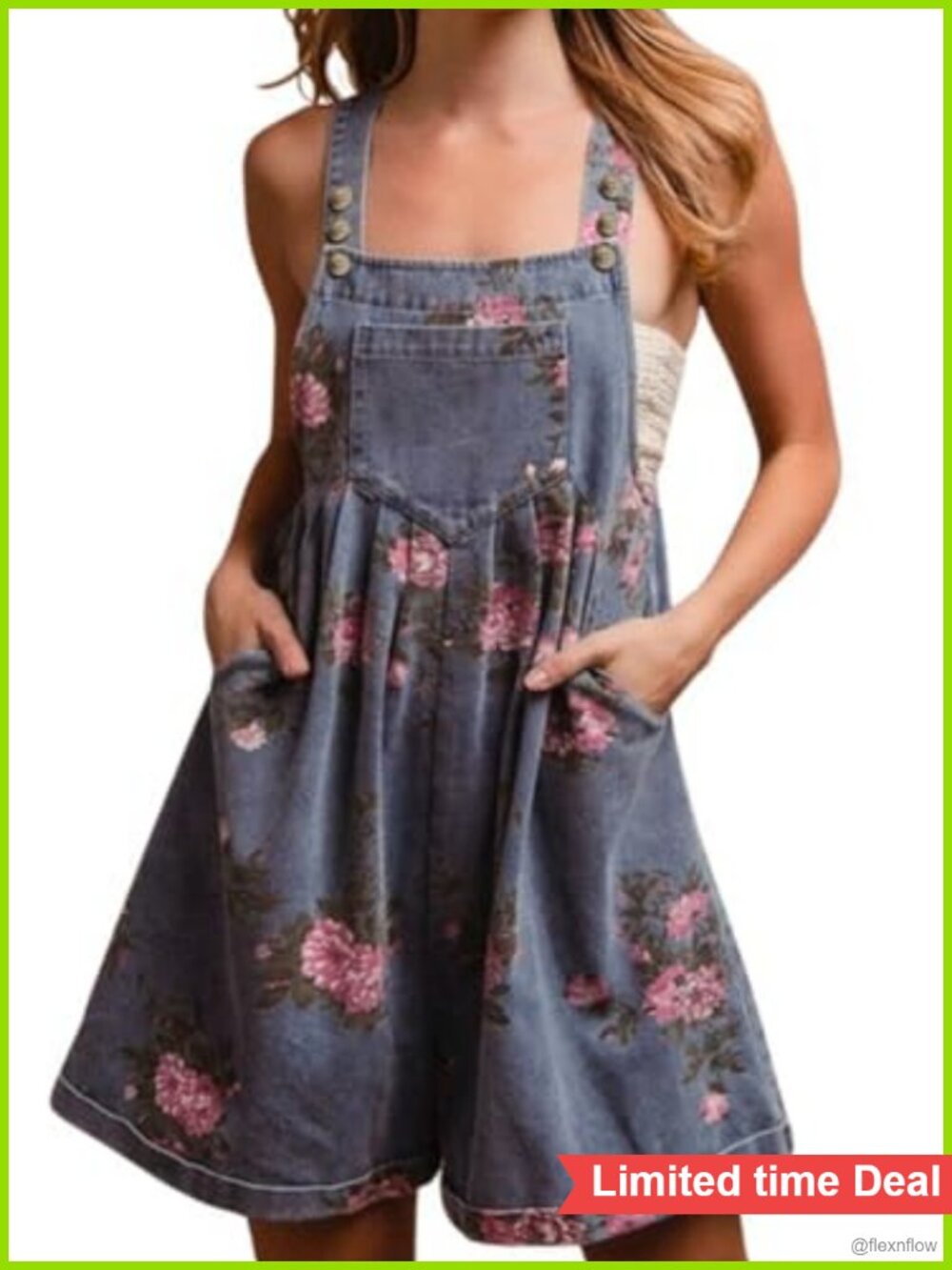 Embroidered Floral Denim Short Overalls Sleeveless Jean Romper with Pockets
